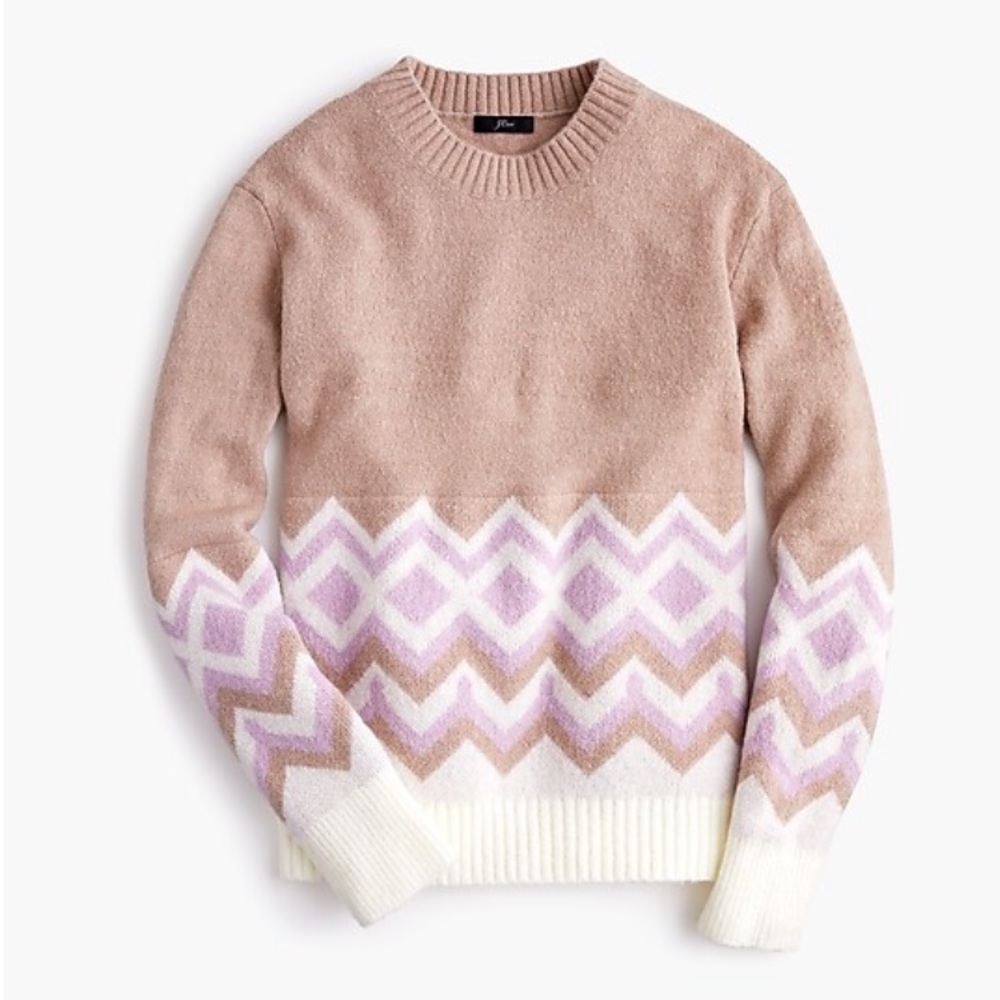 J. Crew Crewneck Sweater in Geometric Fair Isle, Heather Khaki Ivory, XXS